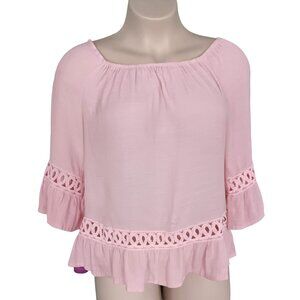 Unique Spectrum Womens Pink XL Peasant Top Crochet Details 3/4 Sleeves